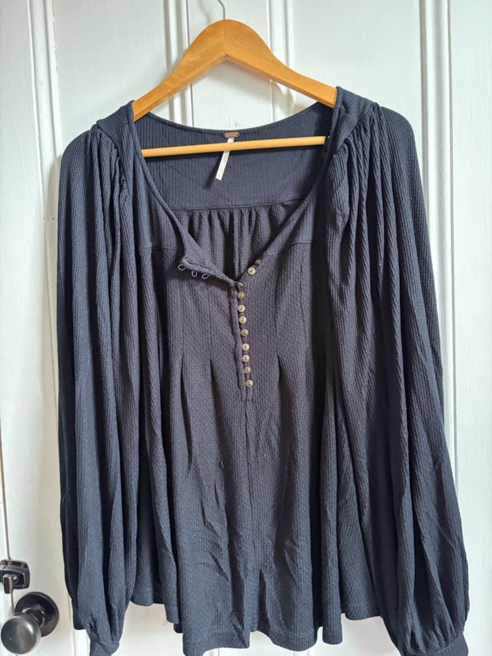 Free People Black Long Sleeve Peasant Blouse Top Balloon Sleeve  Boho Flowy